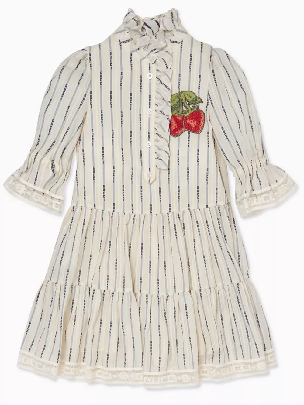 Gucci Cream and Navy Striped Tiered Dress with Strawberry Patch- Authentic